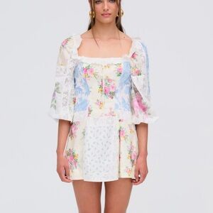 For Love & Lemons Floral Patchwork Mini Dress in Cream, Pink, Blue